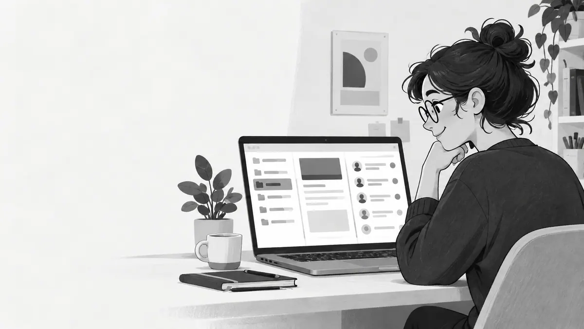 Concept illustration of a creative technologist reviewing a three-column project dashboard